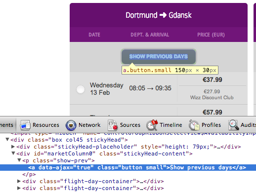 Screenshot of Wizzair site with Web Inspector open, showing the lack of href or tabindex